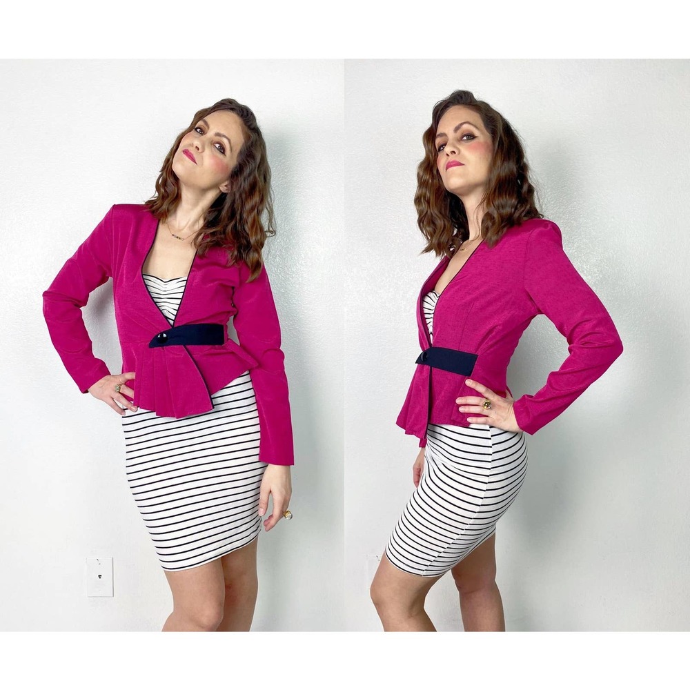 vintage 80s BRIGHT PINK Pleated Peplum BLAZER Small fuchsia asymmetrical jacket